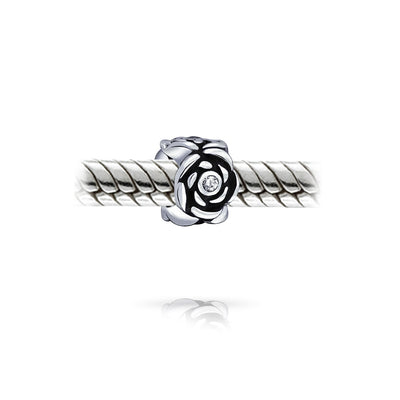 Set of 2 Heart Grandma Dangle & Flower Garden Black Rose Charm Bead Silver