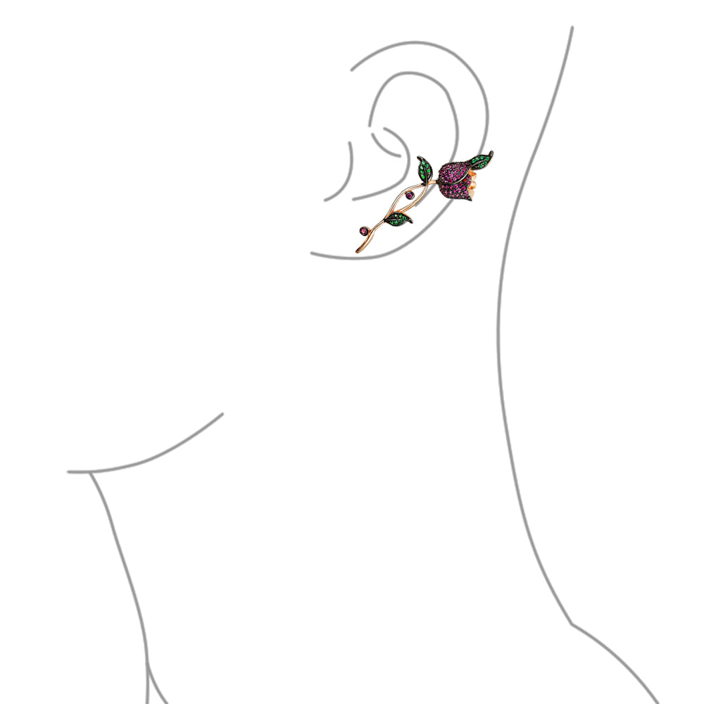 Hot Pink CZ Cubic Zirconia Ear Climber Crawler Cartilage Flower Rose Earrings Gold For Pierced Ears