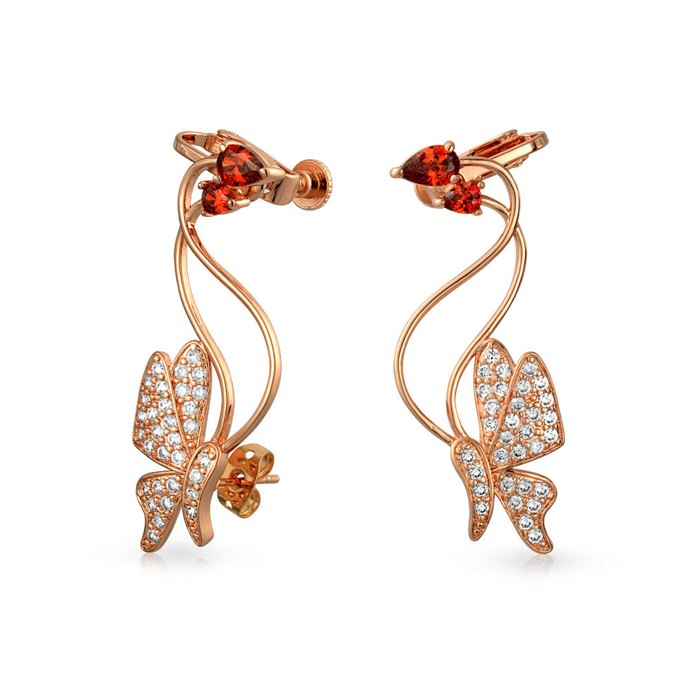 Red Pink Garden 3D Butterfly Helix Ear Climber Cartilage Lobe Earrings Pave CZ Rose Gold Plated