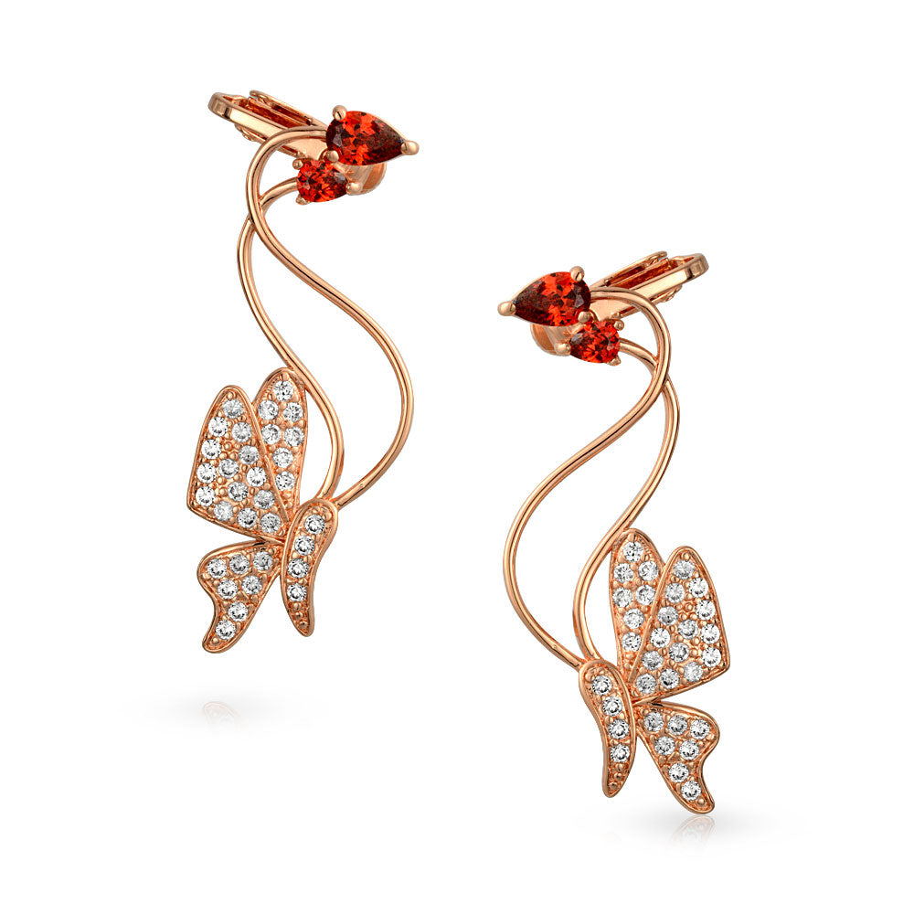 Red Pink Garden 3D Butterfly Helix Ear Climber Cartilage Lobe Earrings Pave CZ Rose Gold Plated