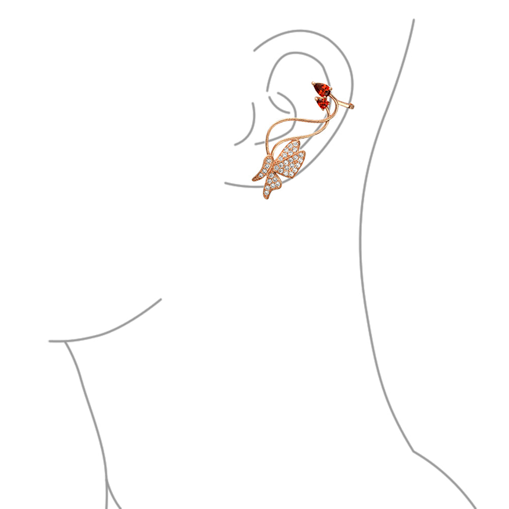 Red Pink Garden 3D Butterfly Helix Ear Climber Cartilage Lobe Earrings Pave CZ Rose Gold Plated
