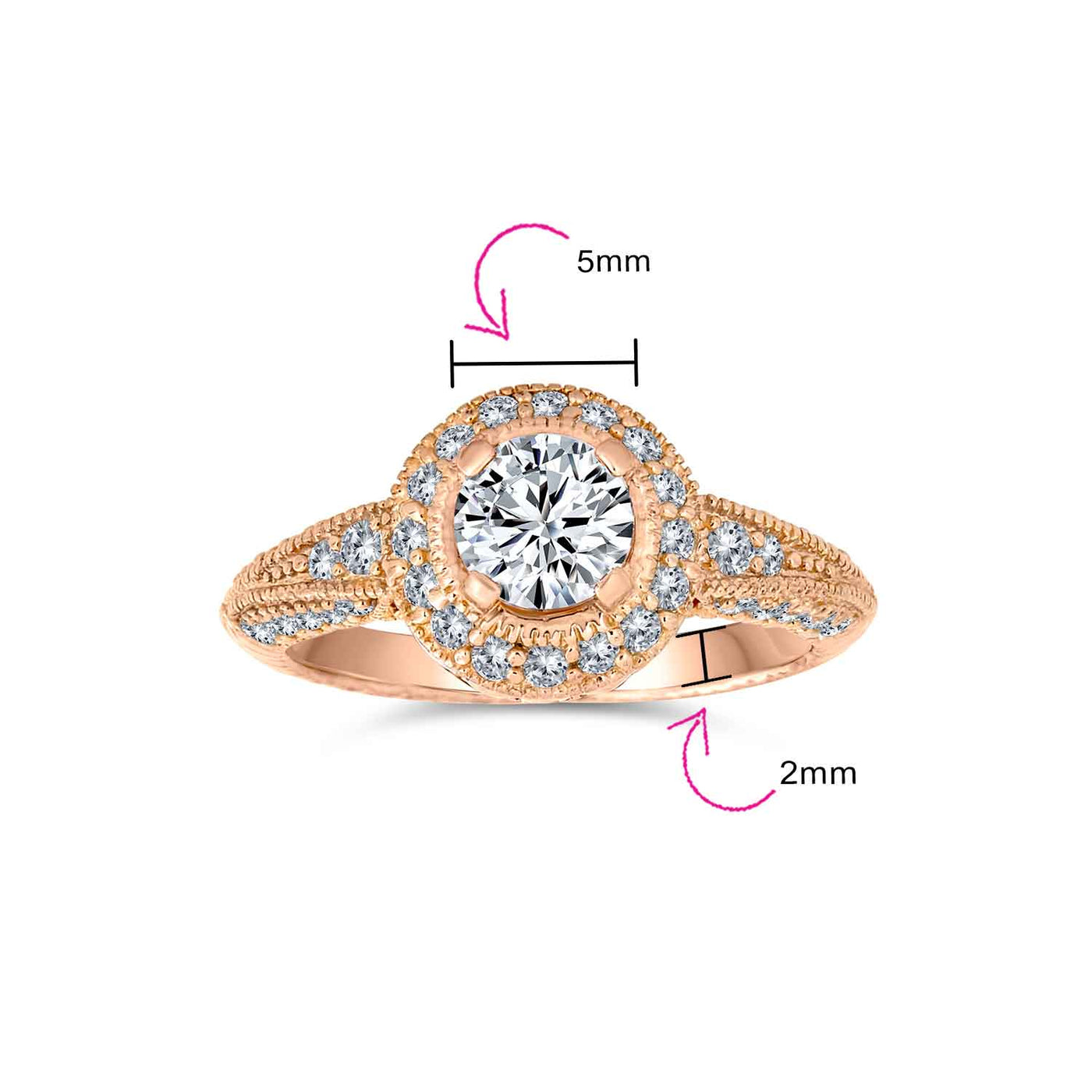 Art Deco Silver Ring with Milgrain Edge and Cubic Zirconia Halo Rose Gold Plated