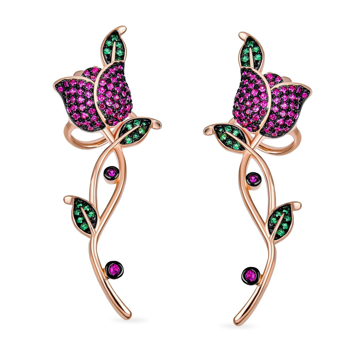 Hot Pink CZ Cubic Zirconia Ear Climber Crawler Cartilage Flower Rose Earrings Gold For Pierced Ears