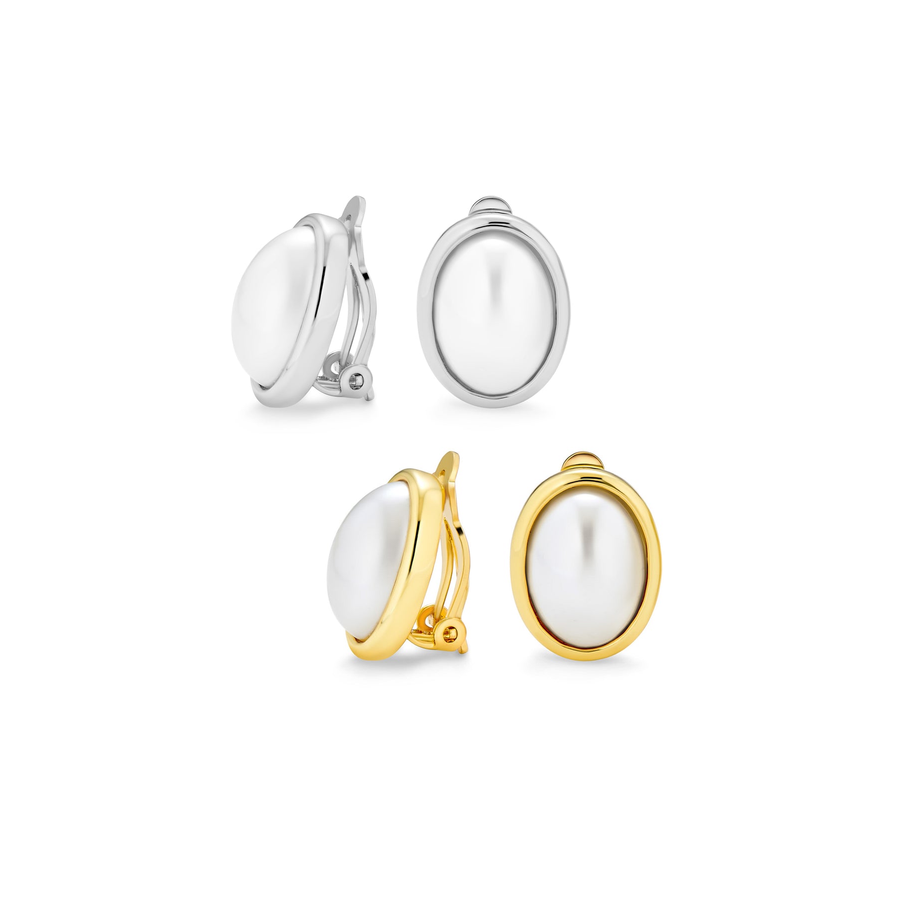 Classic Faux White Pearl Cabochon Bezel Oval Clip On Earrings For 14K Gold Plated Rhodium (Set of 2)