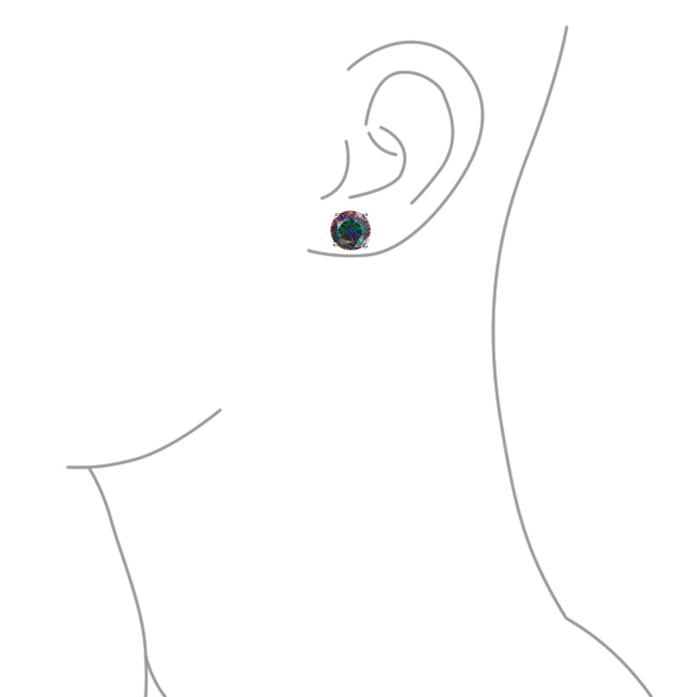 Set of 2 Round & Square Mystic Rainbow CZ Stud Earrings Silver Screw Back