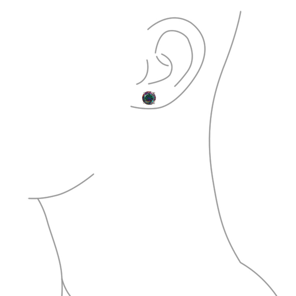 Set of 2 Round & Square Mystic Rainbow CZ Stud Earrings Silver Screw Back