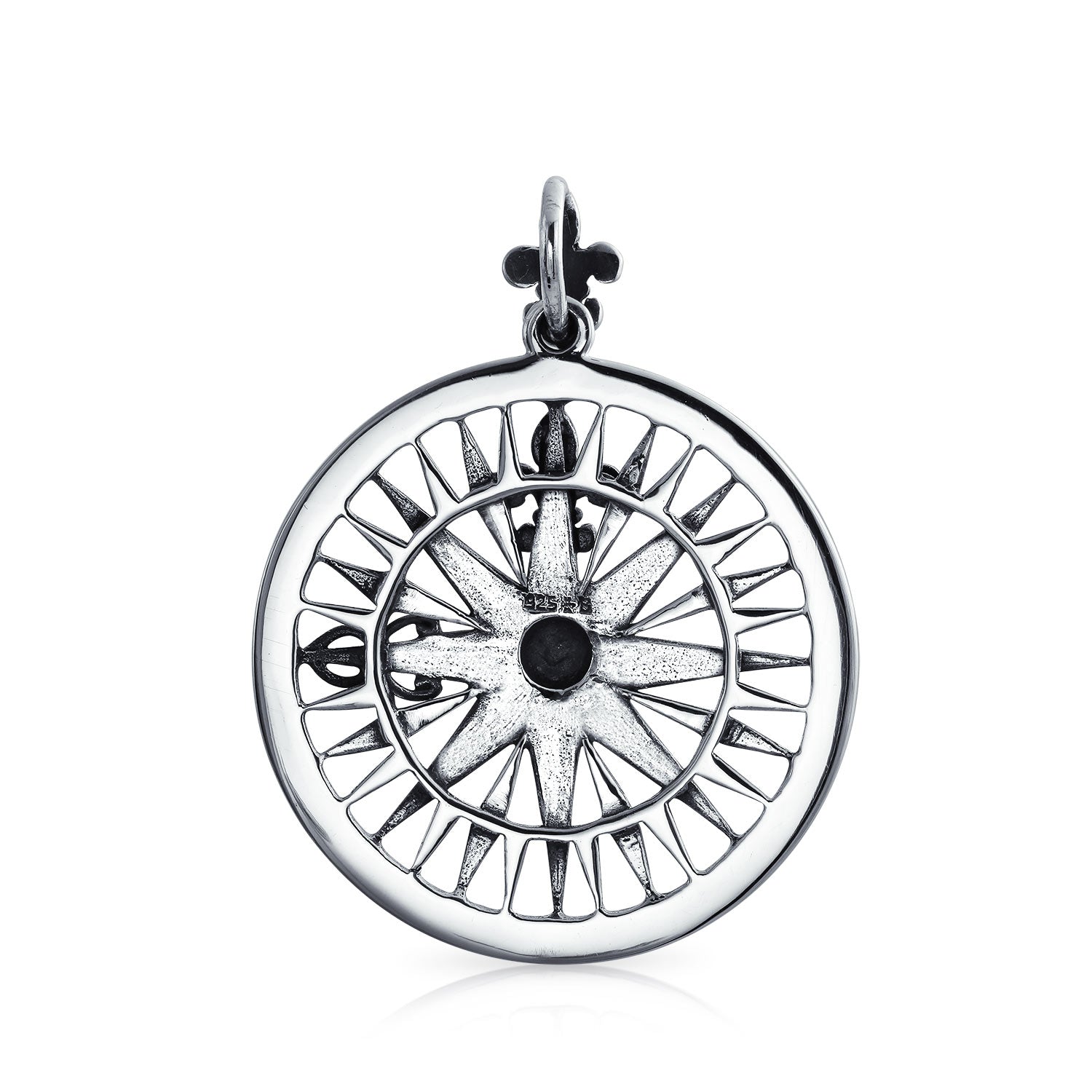 Unisex Celtic Fleur De Lis Compass Pendant Necklace in Oxidized Sterling Silver