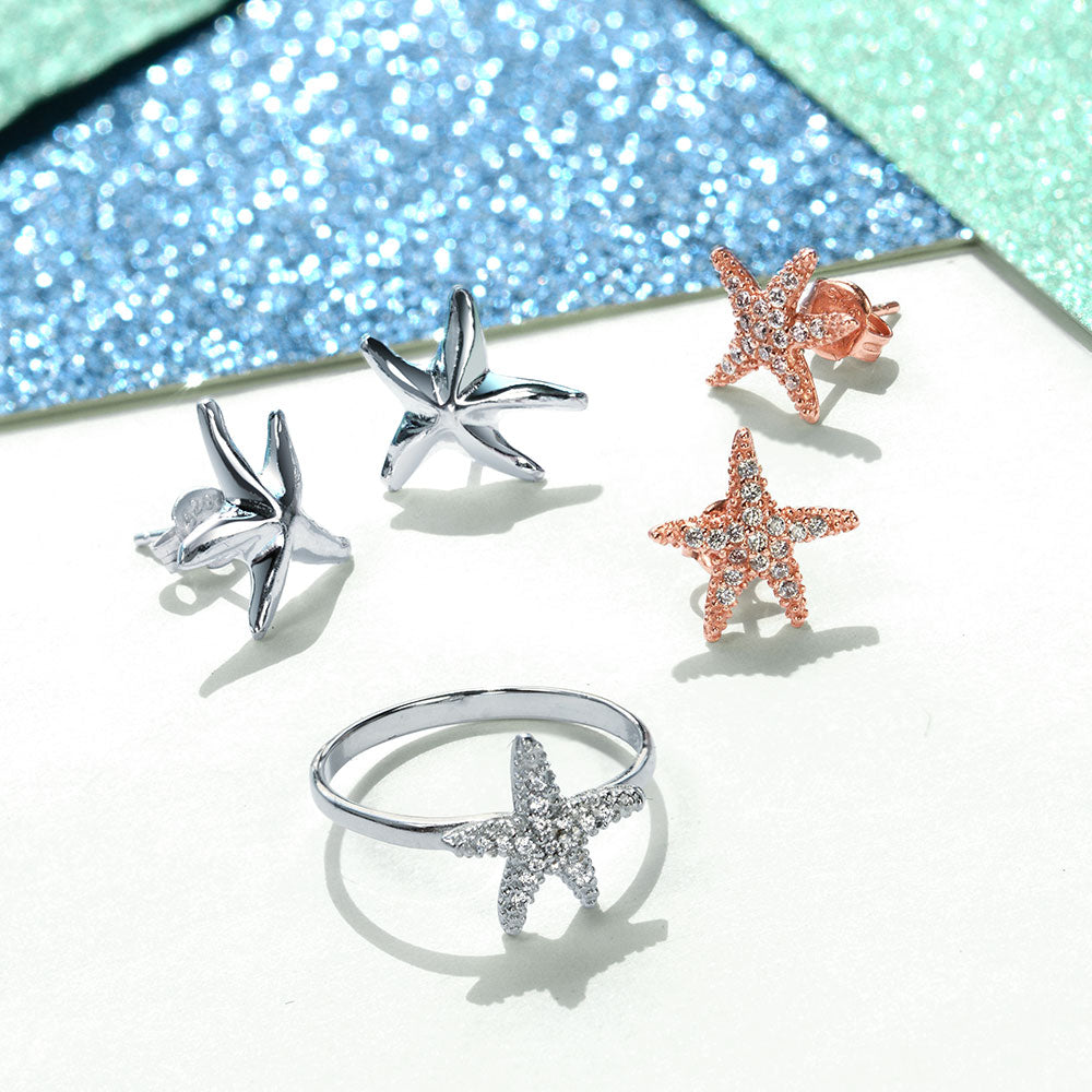Tiny Pave CZ Nautical Tropical Beach Starfish Statement Ring Sterling Silver