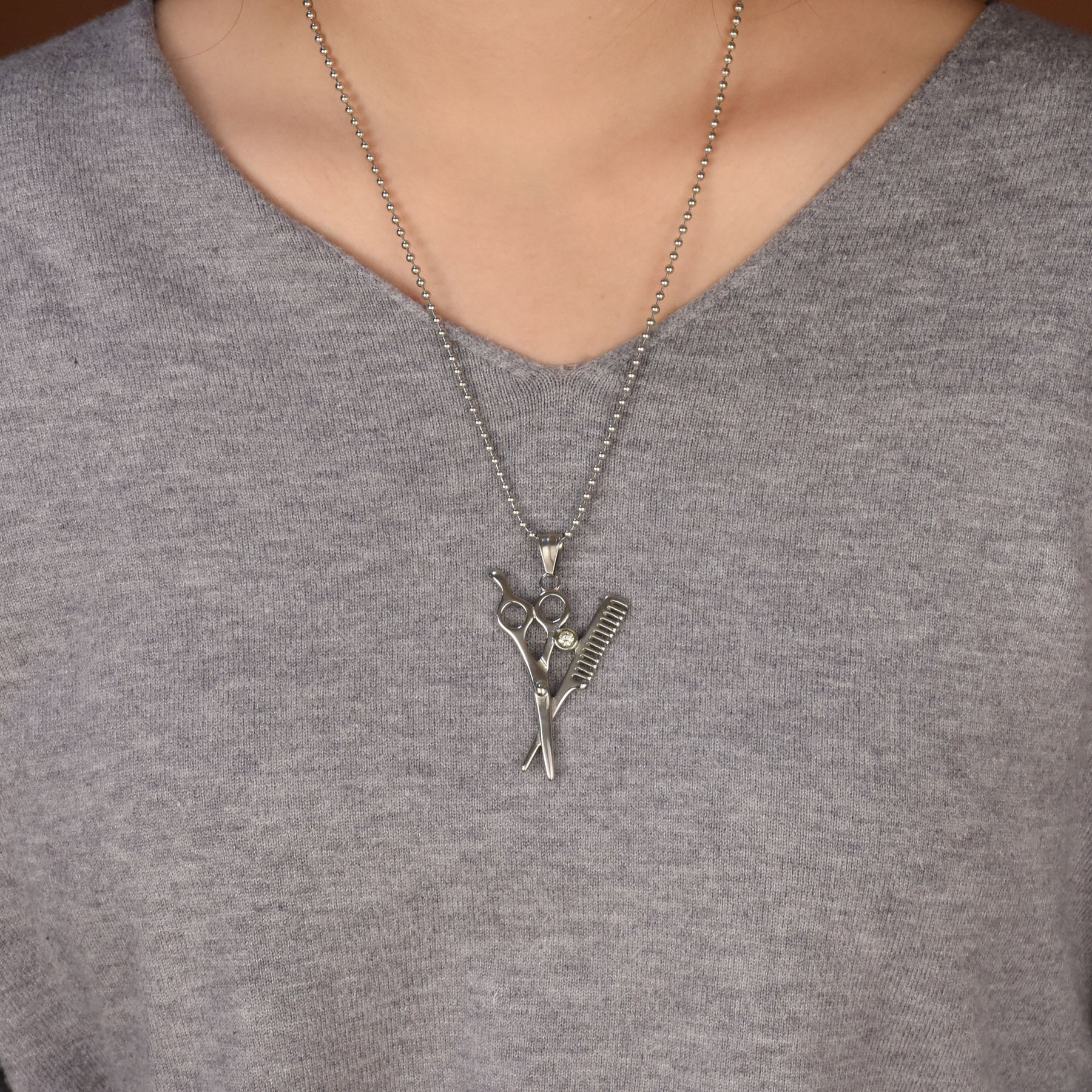 Whimsical Scissors Comb Pendant Necklace Crystal Accent Stainless Steel Chain