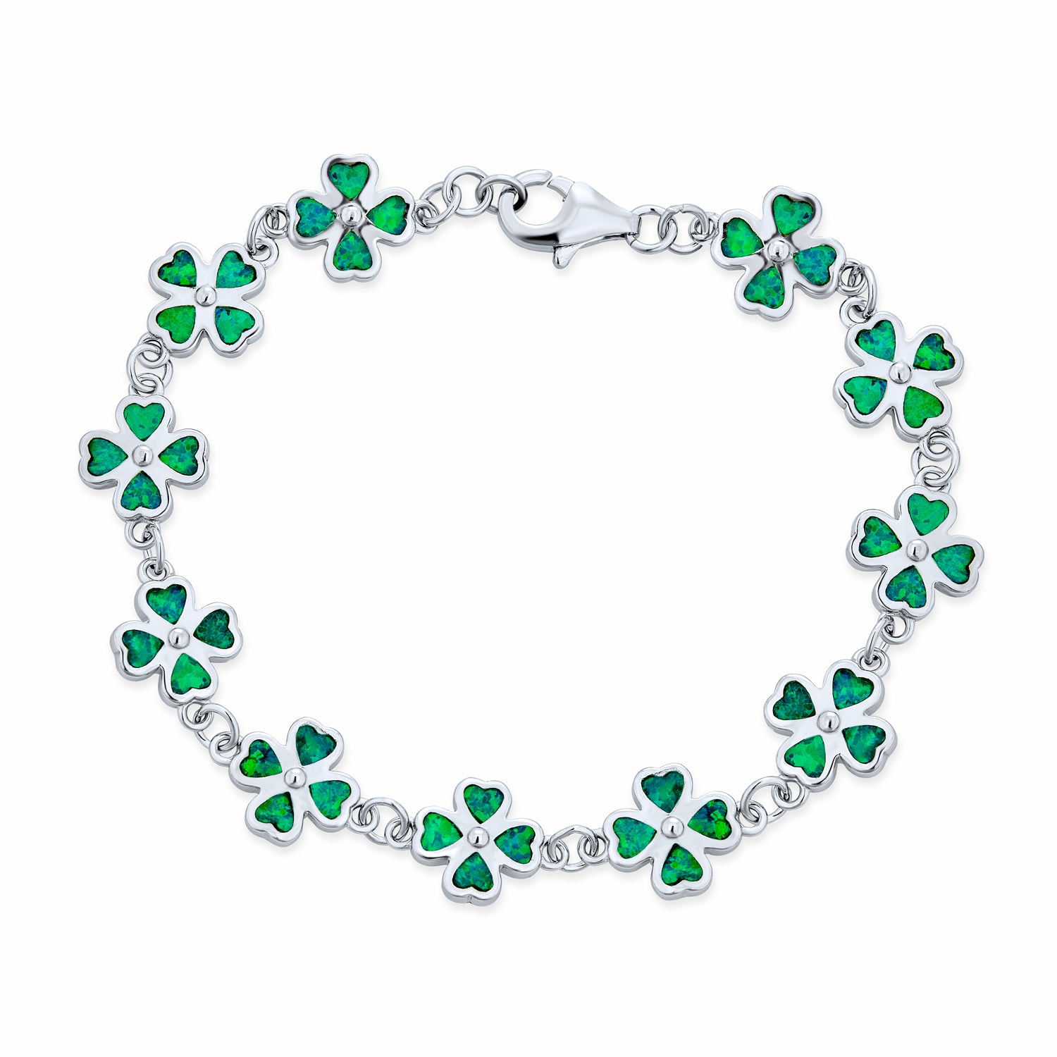 .925 Sterling Silver Created Opal Inlay Green Heart Shaped Clover Charm Bracelet Lucky Shamrock