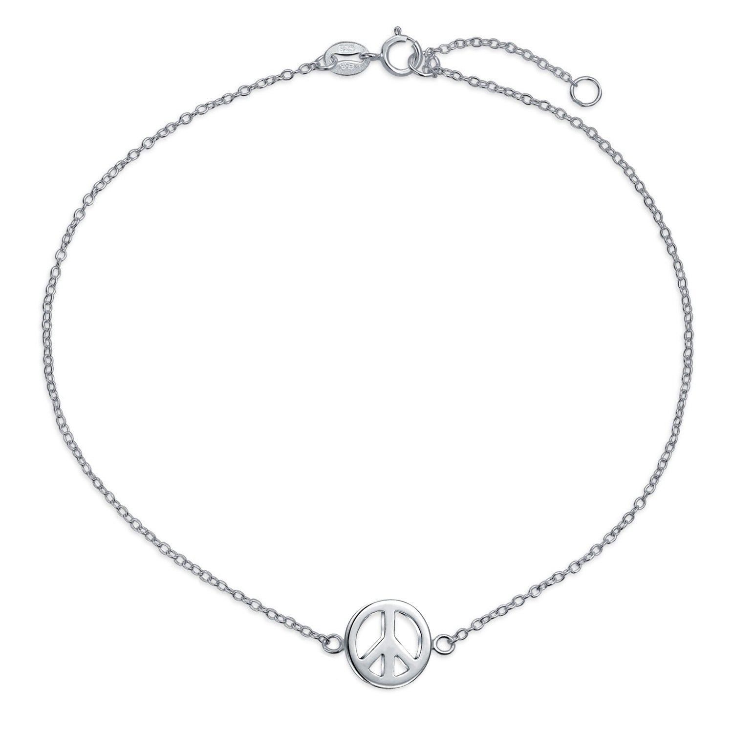 World Peace Sign Symbol Anklet Charm Ankle Bracelet .925 Sterling Silver Adjustable