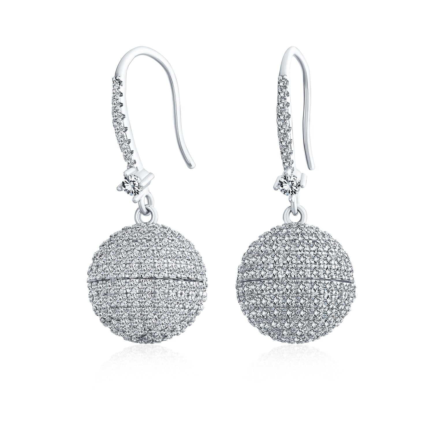Modern Cocktail Pave CZ Statement Disco Ball Earrings Cubic Zirconia Silver Plated