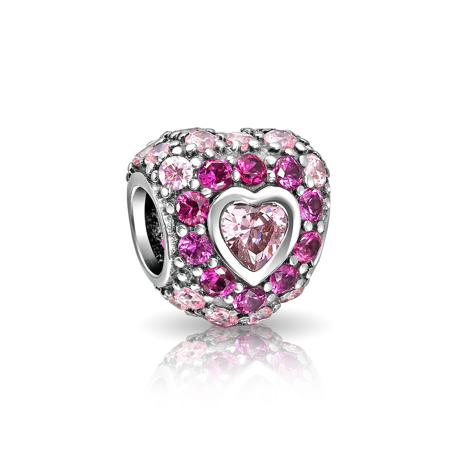 Sterling Silver Hot Pink Fuchsia Cubic Zirconia CZ Pave Heart Charm Bead Sterling for Bracelet (Set)
