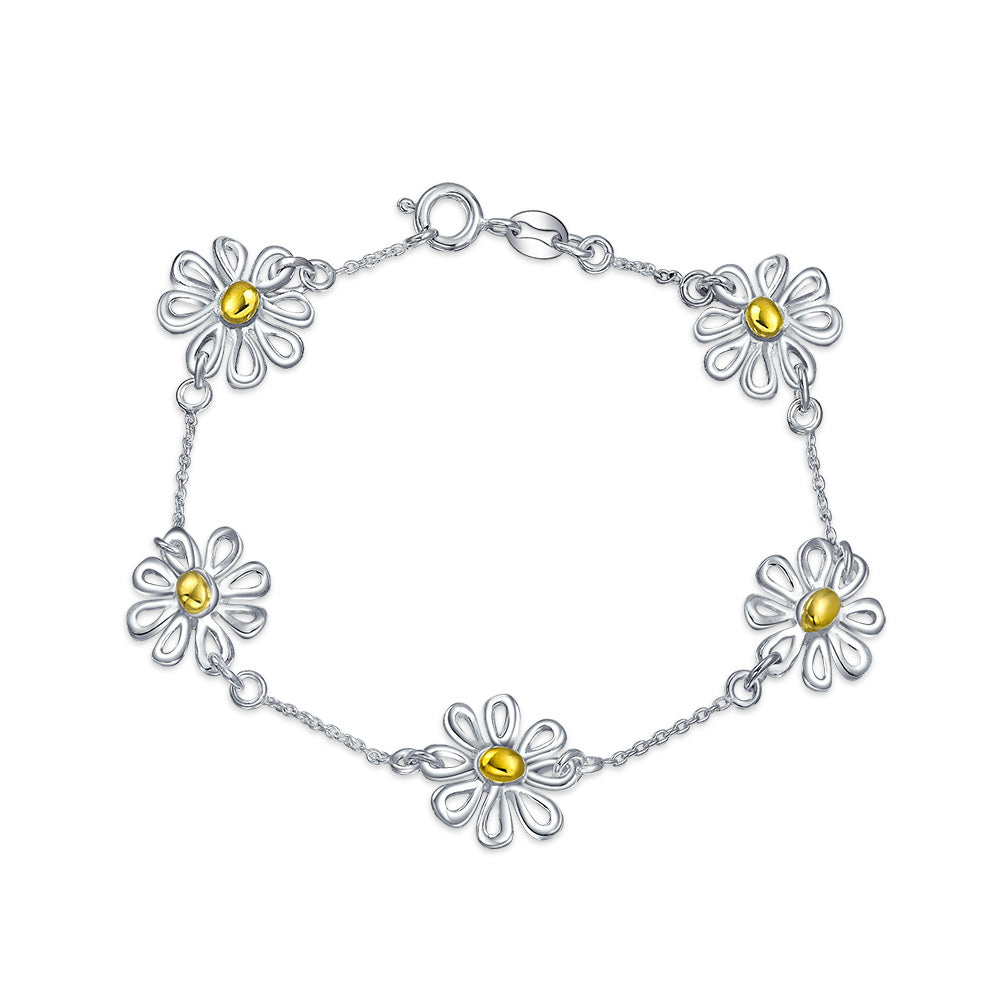 Sunflower Daisy Charm Bracelet .925 Sterling Silver Two Tone Station Flower Spring Summer 14K Gold