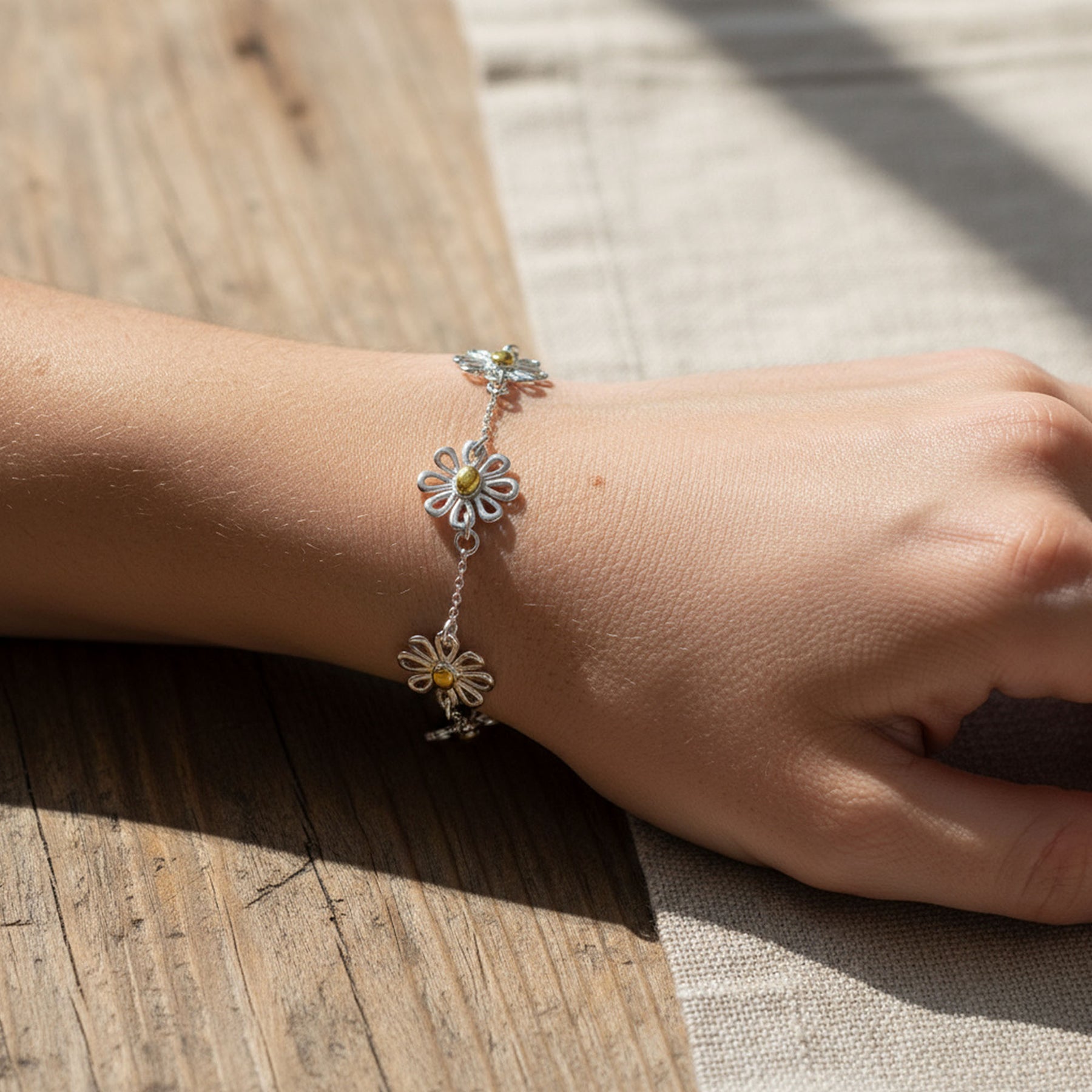 Sunflower Daisy Charm Bracelet .925 Sterling Silver Two Tone Station Flower Spring Summer 14K Gold