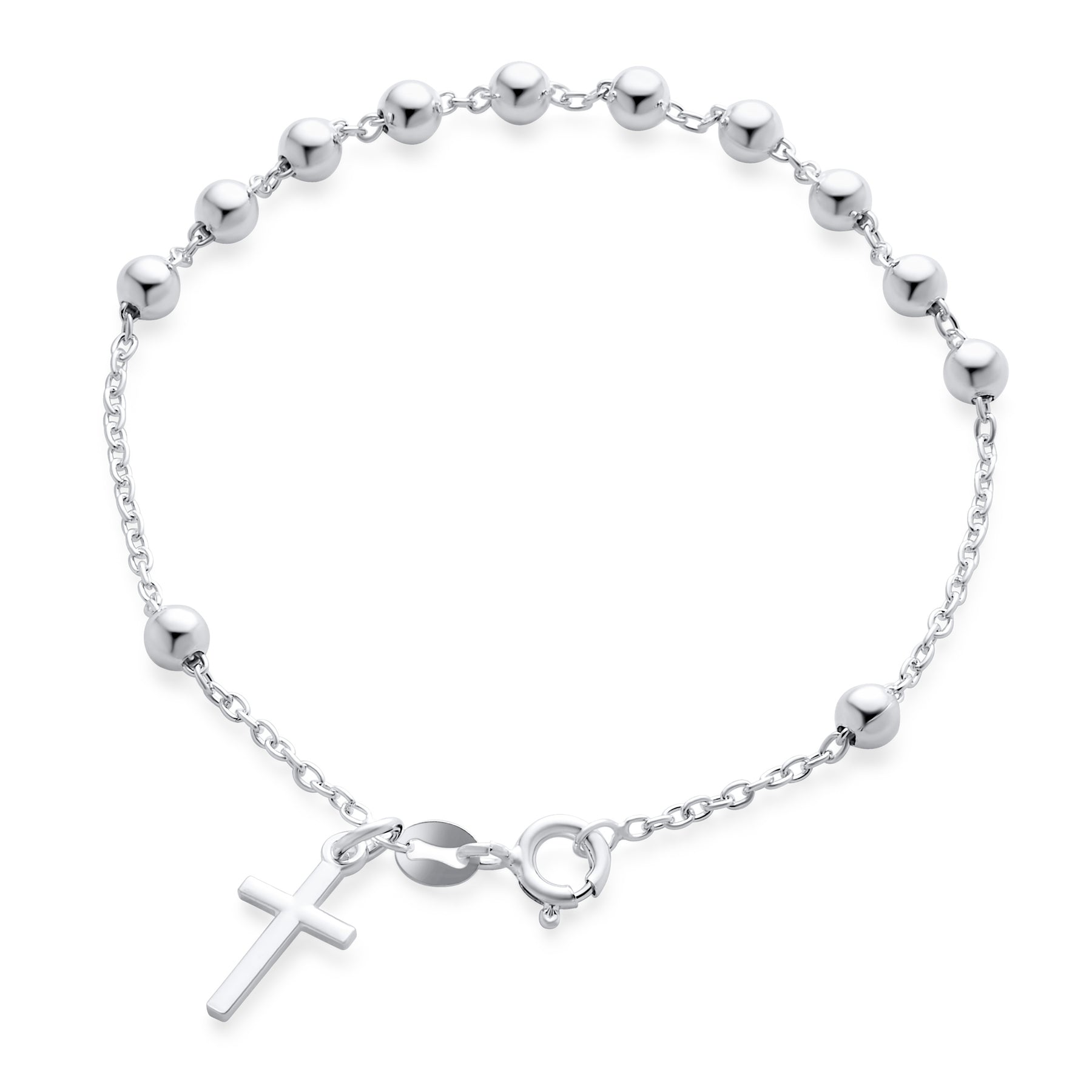 Rosary Cross Bracelet .925 Sterling Silver Thin Simple Religious Prayer 6MM Ball Beads Adjustable