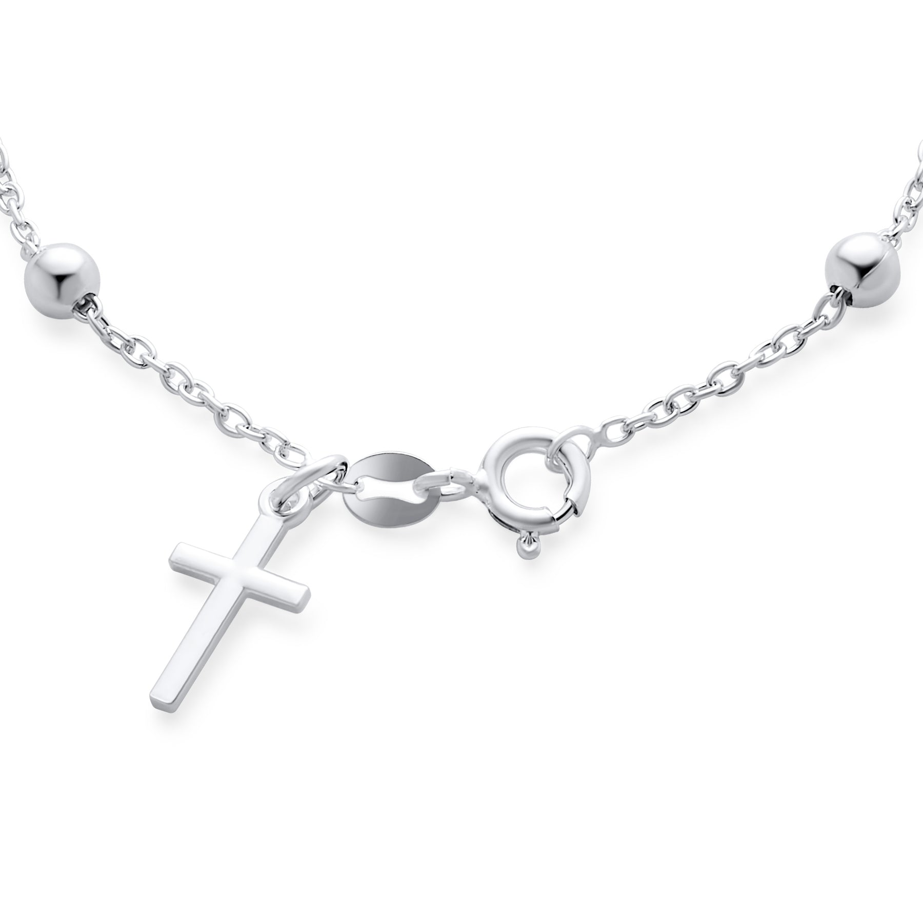 Rosary Cross Bracelet .925 Sterling Silver Thin Simple Religious Prayer 6MM Ball Beads Adjustable