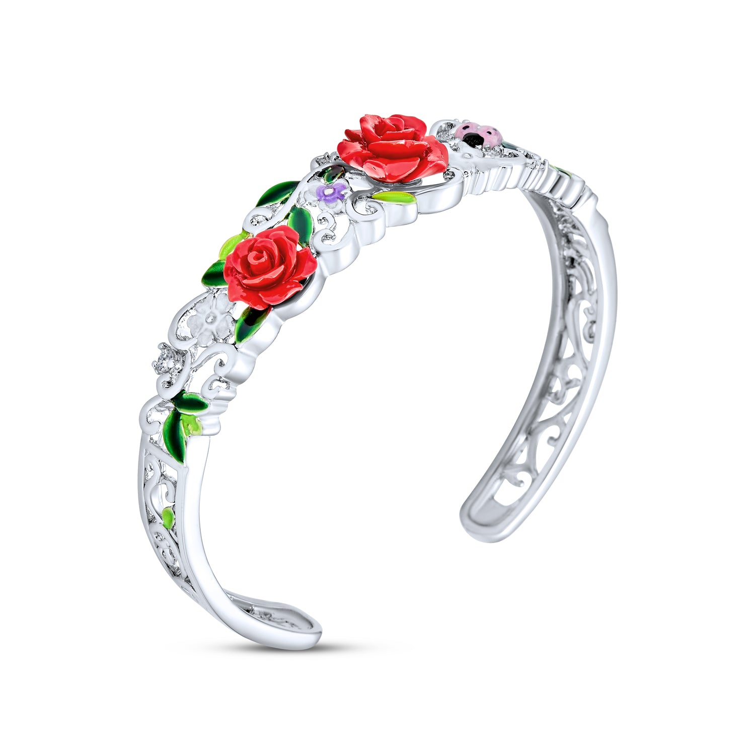Ladybug Flower Cuff Bracelet 3D Carved Rose Floral Garden Spring Filigree Bracelet