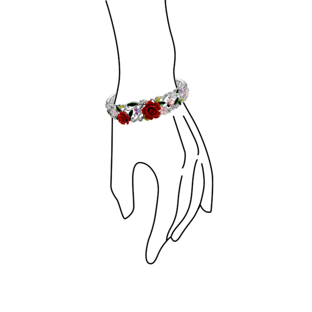 Ladybug Flower Cuff Bracelet 3D Carved Rose Floral Garden Spring Filigree Bracelet