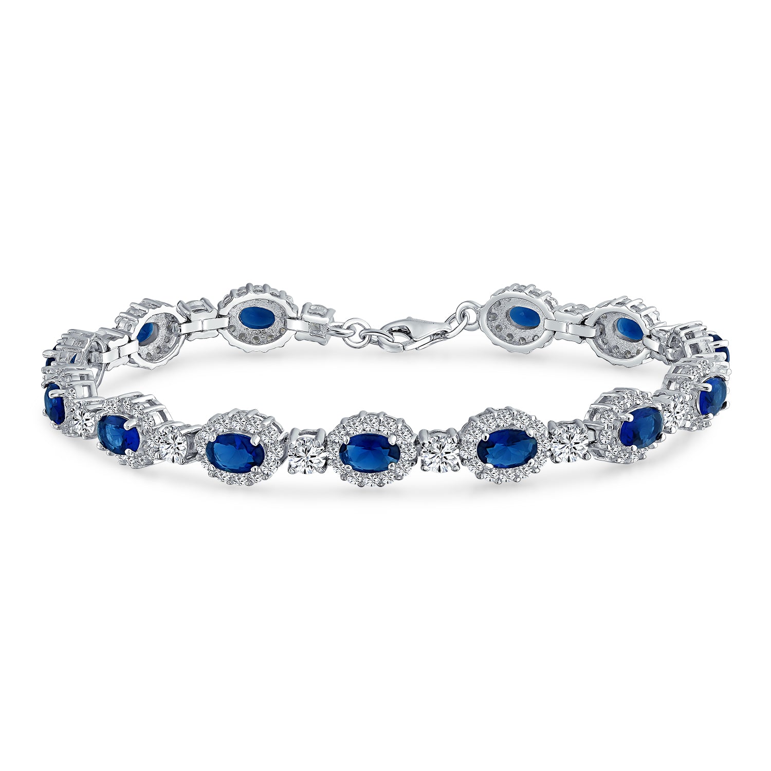 Vintage Style Halo Oval Blue CZ Imitation Sapphire Bracelet .925 Silve ...