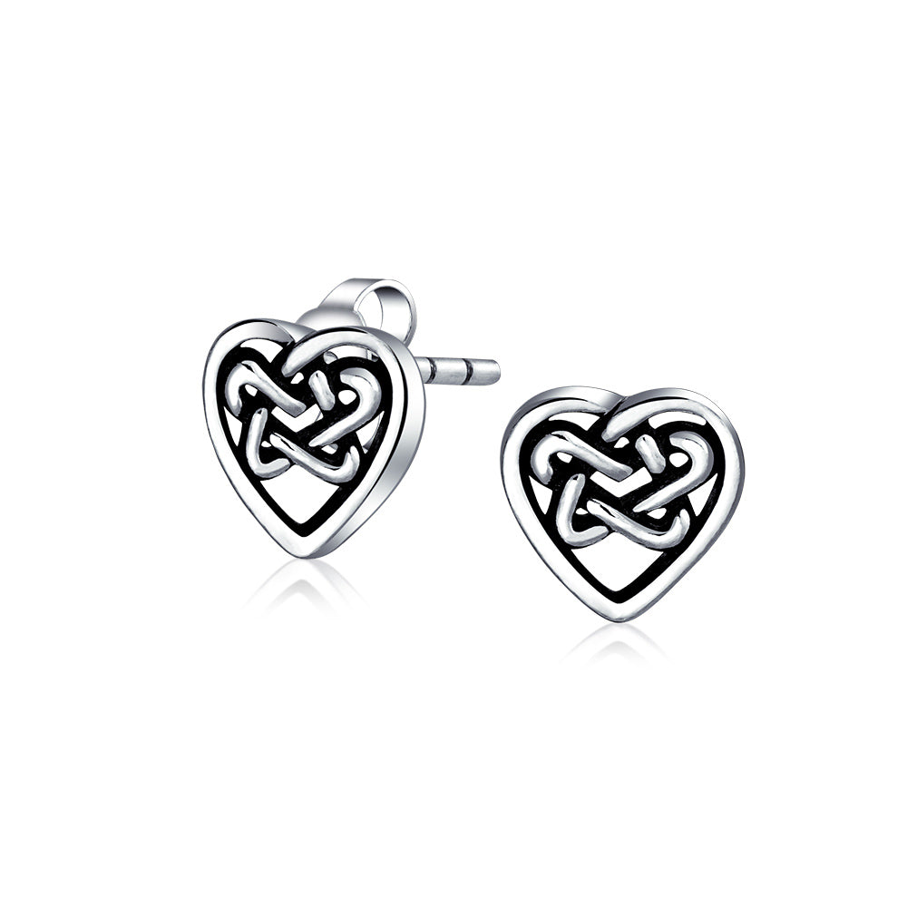 .925 Sterling Silver Tiny BFF Celtic Friendship Love Infinity Knot Heart Stud Earrings Oxidized
