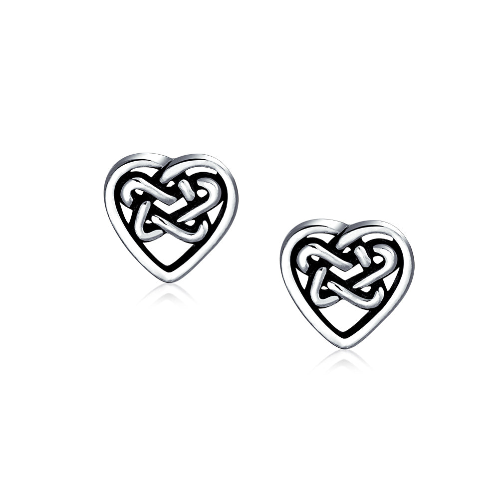 .925 Sterling Silver Tiny BFF Celtic Friendship Love Infinity Knot Heart Stud Earrings Oxidized