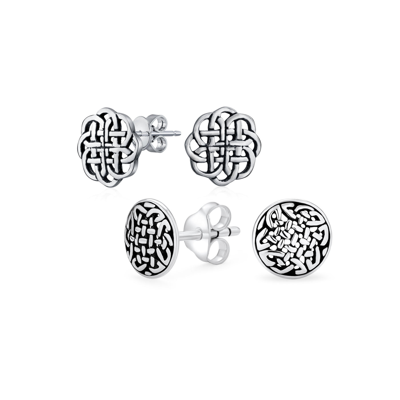 Set of 2 Small Floral Medallion Shield Celtic Knot Stud Earrings Oxidized Silver
