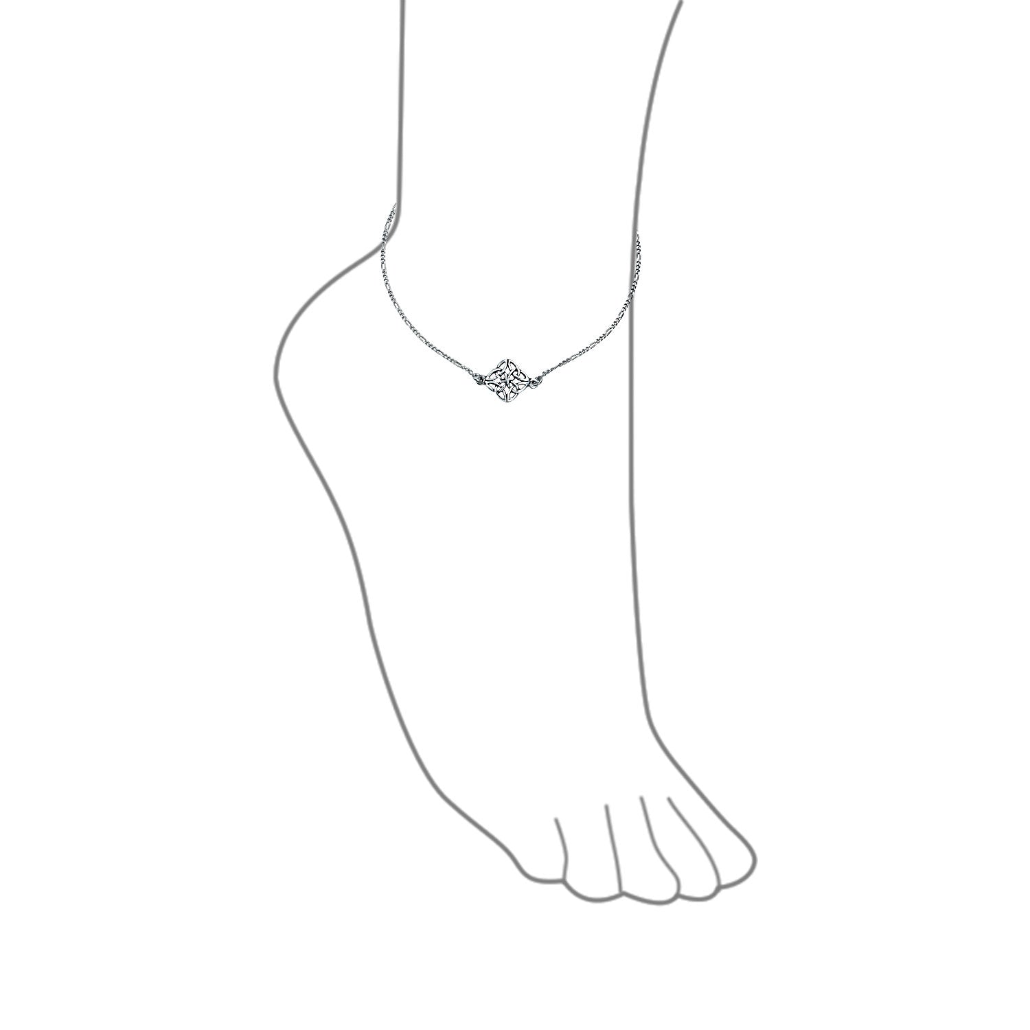 Celtic Love Knot Triquetra Anklet Charm Ankle Bracelet Figaro Chain .925 Sterling Silver Adjustable
