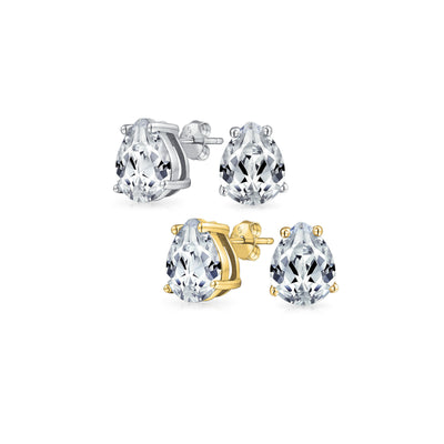 Set of 2 Pear Shape CZ Stud Earrings Teardrop Solitaire Gold Sterling Silver 6MM