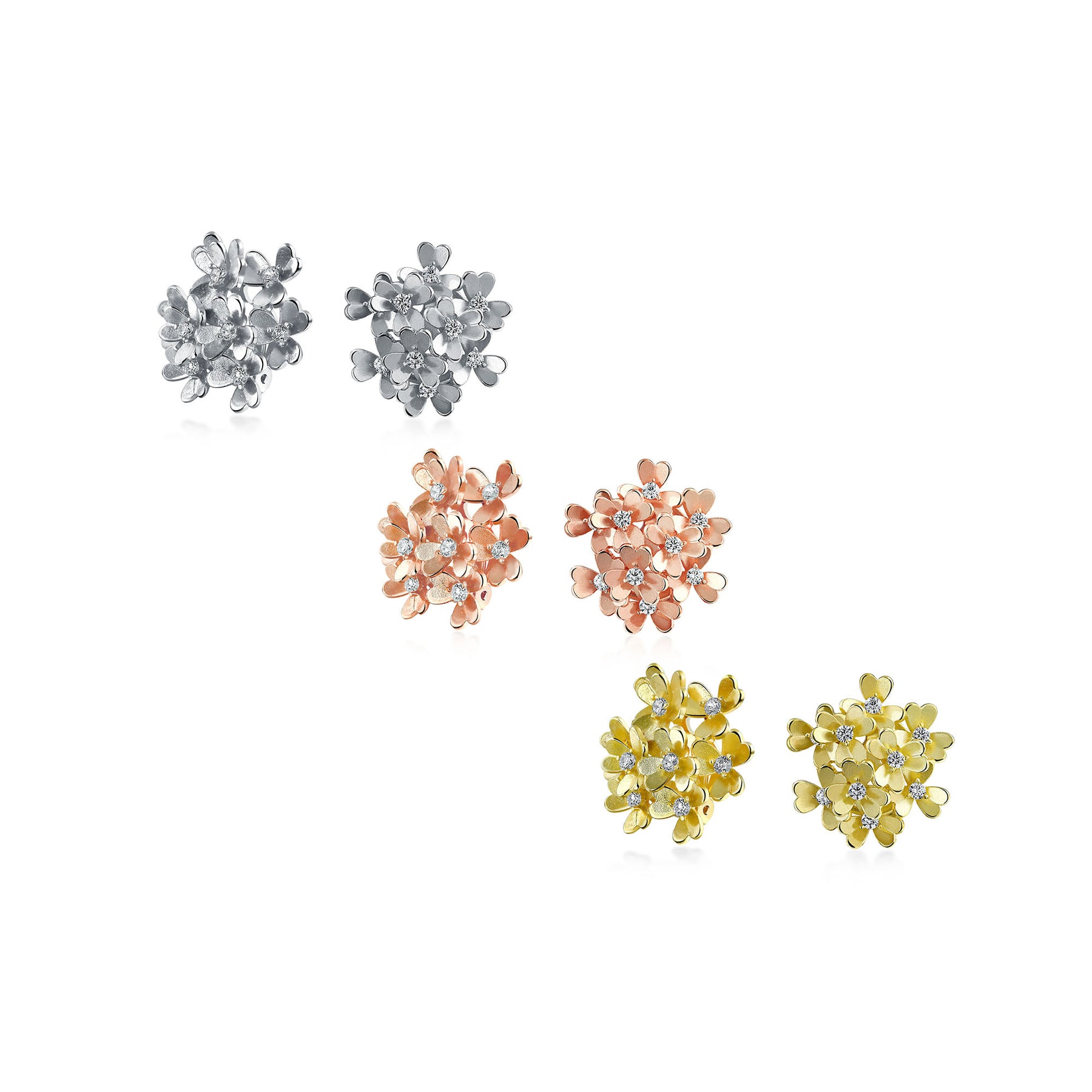 Bouquet Of Flower Clip On CZ Accent Button Style Non Pierced Ears Rose Yellow Gold Plated (Set of 3)