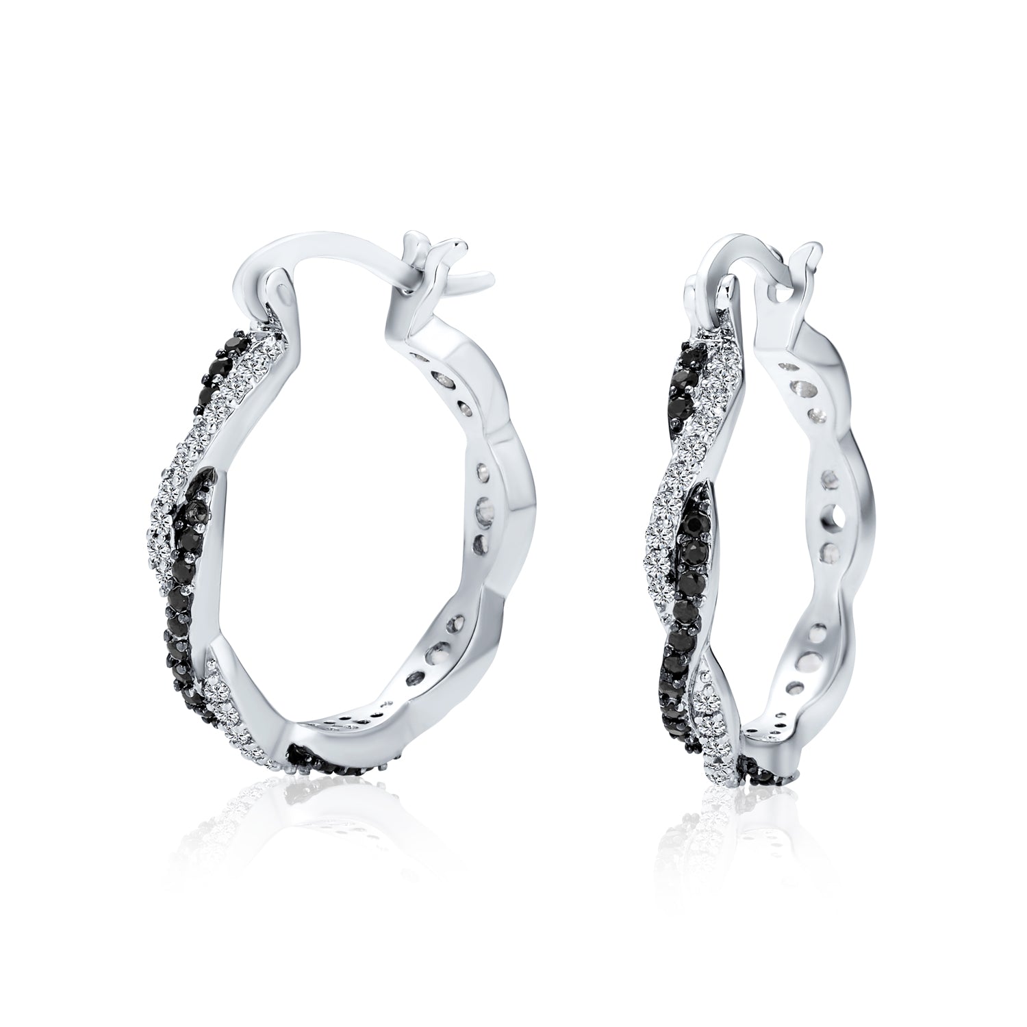 Cubic Zirconia CZ Forever Love Knot Black White Large Infinity Hoop Earrings 1.5 Diameter Silver