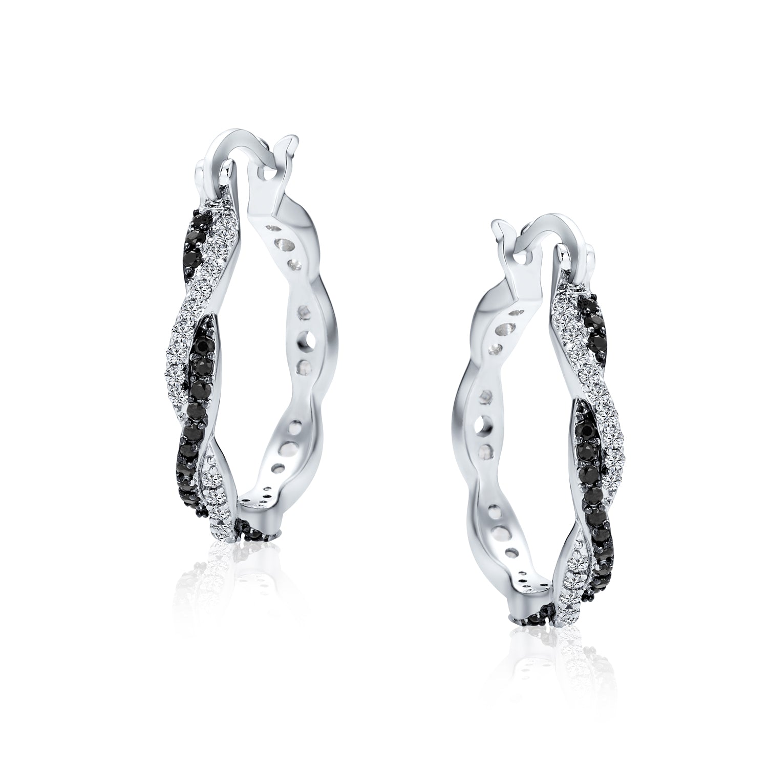 Cubic Zirconia CZ Forever Love Knot Black White Large Infinity Hoop Earrings 1.5 Diameter Silver
