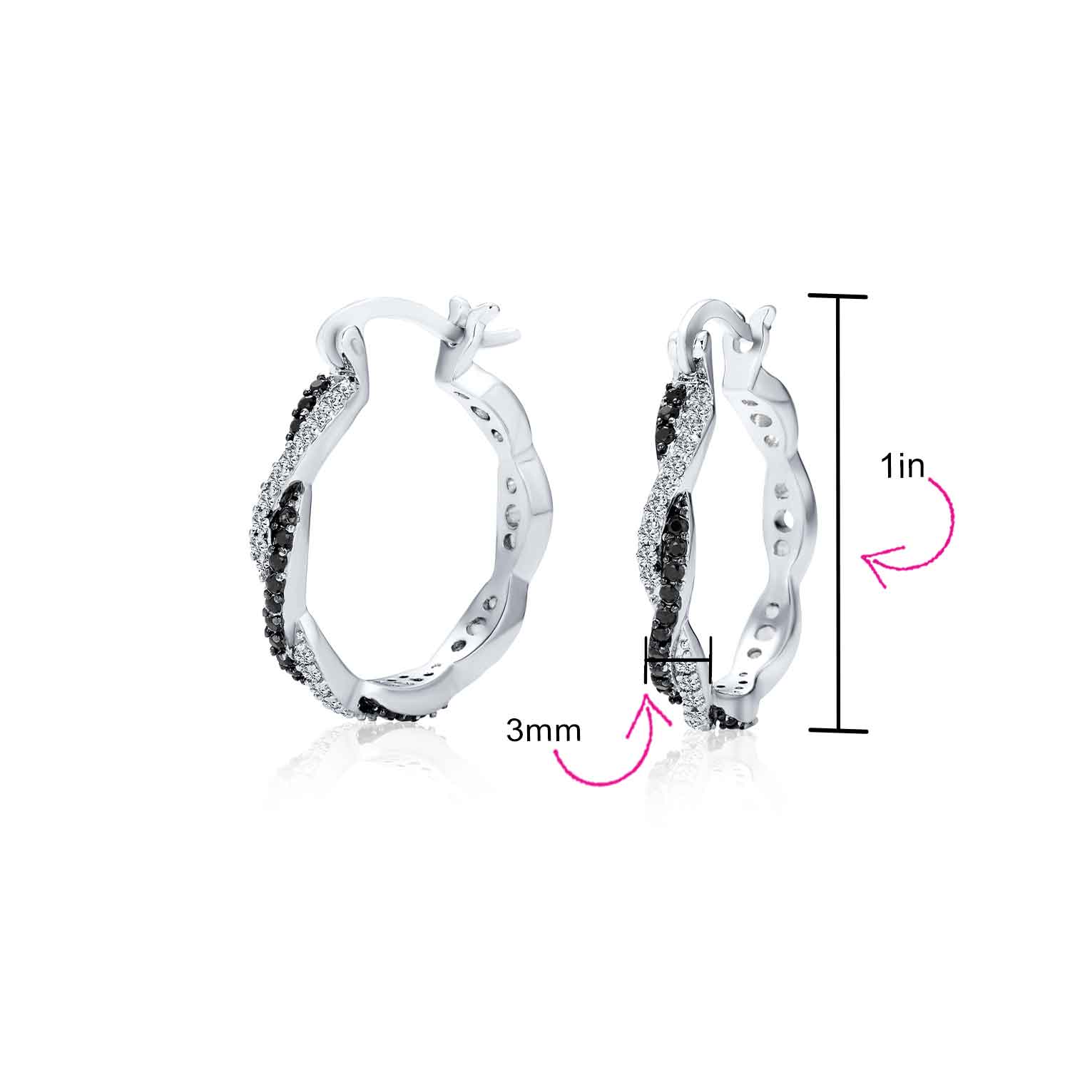 Cubic Zirconia CZ Forever Love Knot Black White Large Infinity Hoop Earrings 1.5 Diameter Silver
