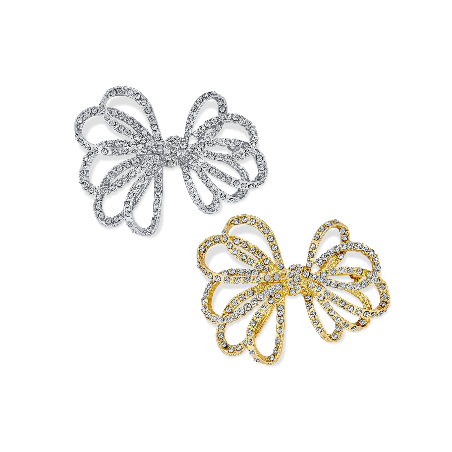 Set of 2 Large Bridal Holiday Crystal Wedding Bow Brooch Pin Silver Gold Plated