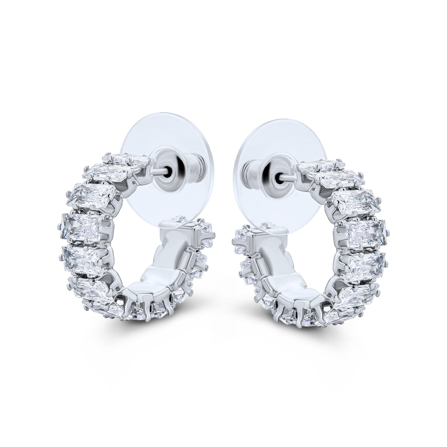 Classic Timeless Emerald Cut CZ Cubic Zirconia Huggie Mini Hoop Earrings 0.5 Inch Dia
