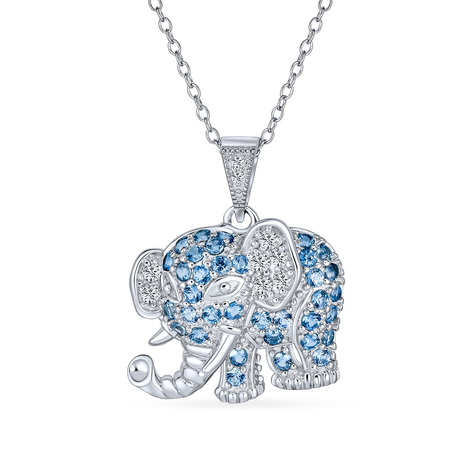 Aqua Blue Grey Pave CZ Good Luck Elephant Pendant Necklace .925 Silver ...