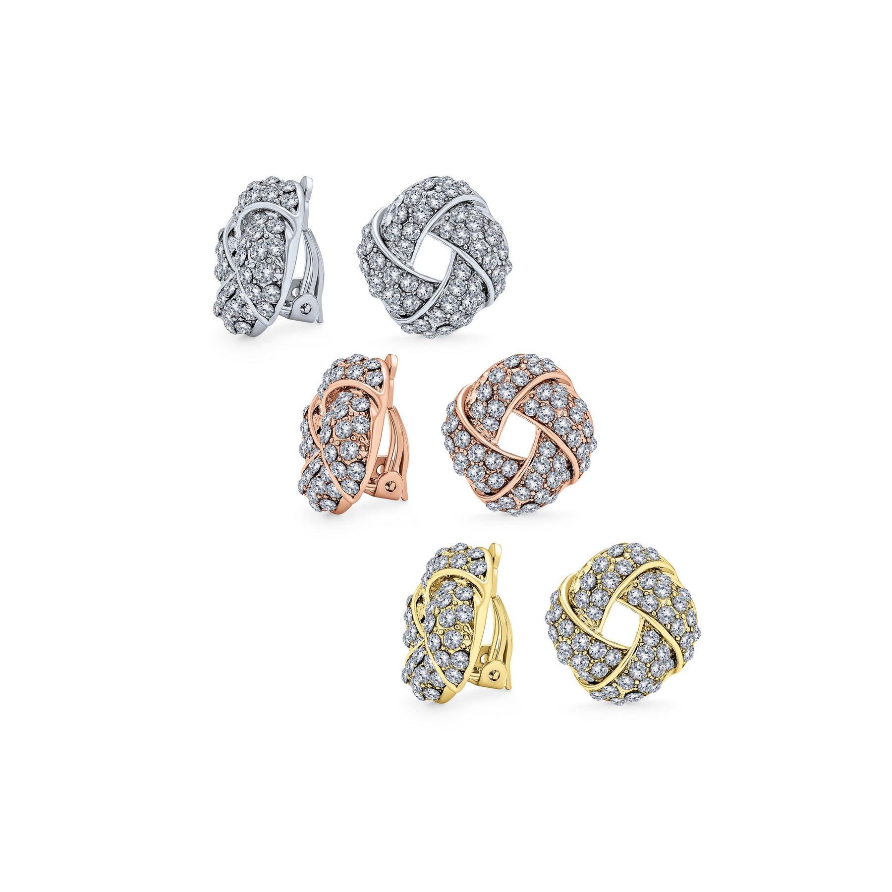 Classic Twist Braided Pave Crystal Knot Button Style Clip On Earring Rose Gold (Set of 3)