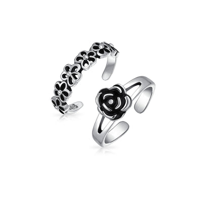 Set of 2 Daisy Flower and Black Rose Midi Band Toe Ring Oxidized Sterling Silver