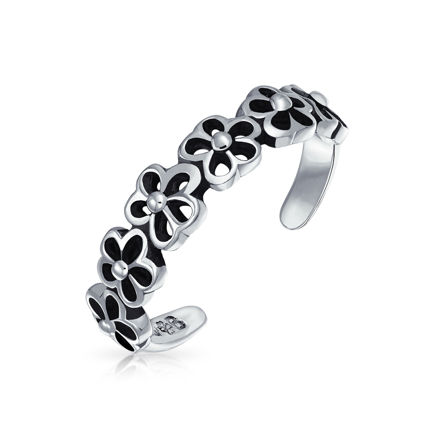 Set of 2 Daisy Flower and Black Rose Midi Band Toe Ring Oxidized Sterling Silver