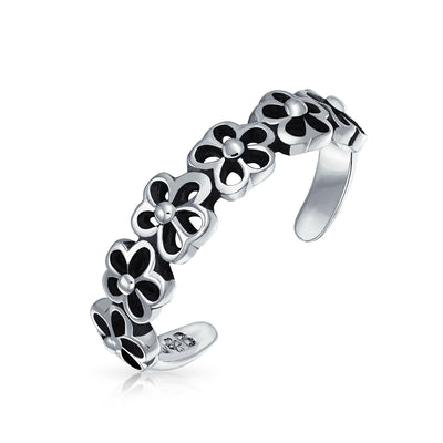 Set of 2 Daisy Flower and Black Rose Midi Band Toe Ring Oxidized Sterling Silver