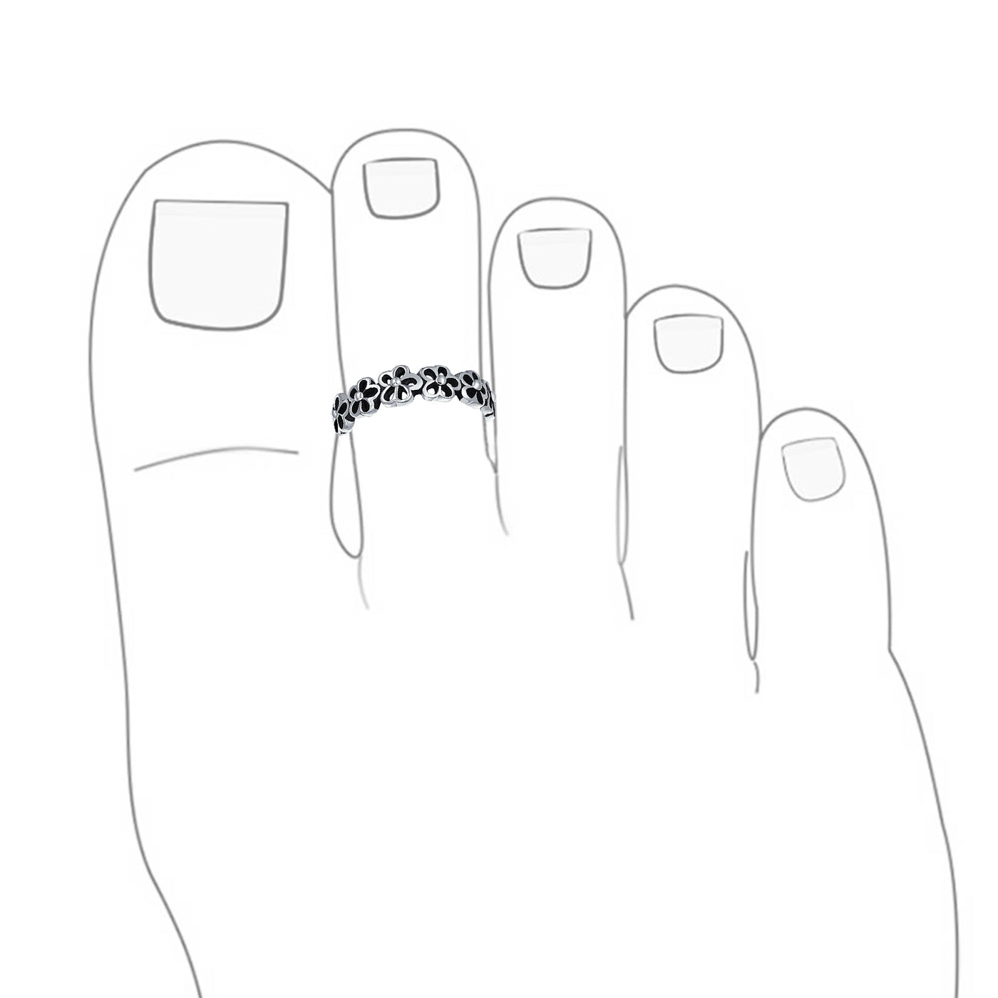 Set of 2 Daisy Flower and Black Rose Midi Band Toe Ring Oxidized Sterling Silver