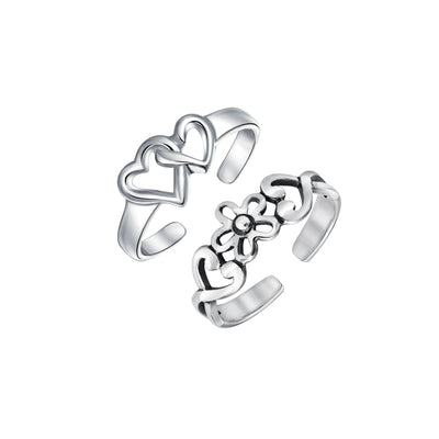 Set of 2 Interlocking Hearts & Flower Carved Swirl Midi Toe Ring Sterling Silver