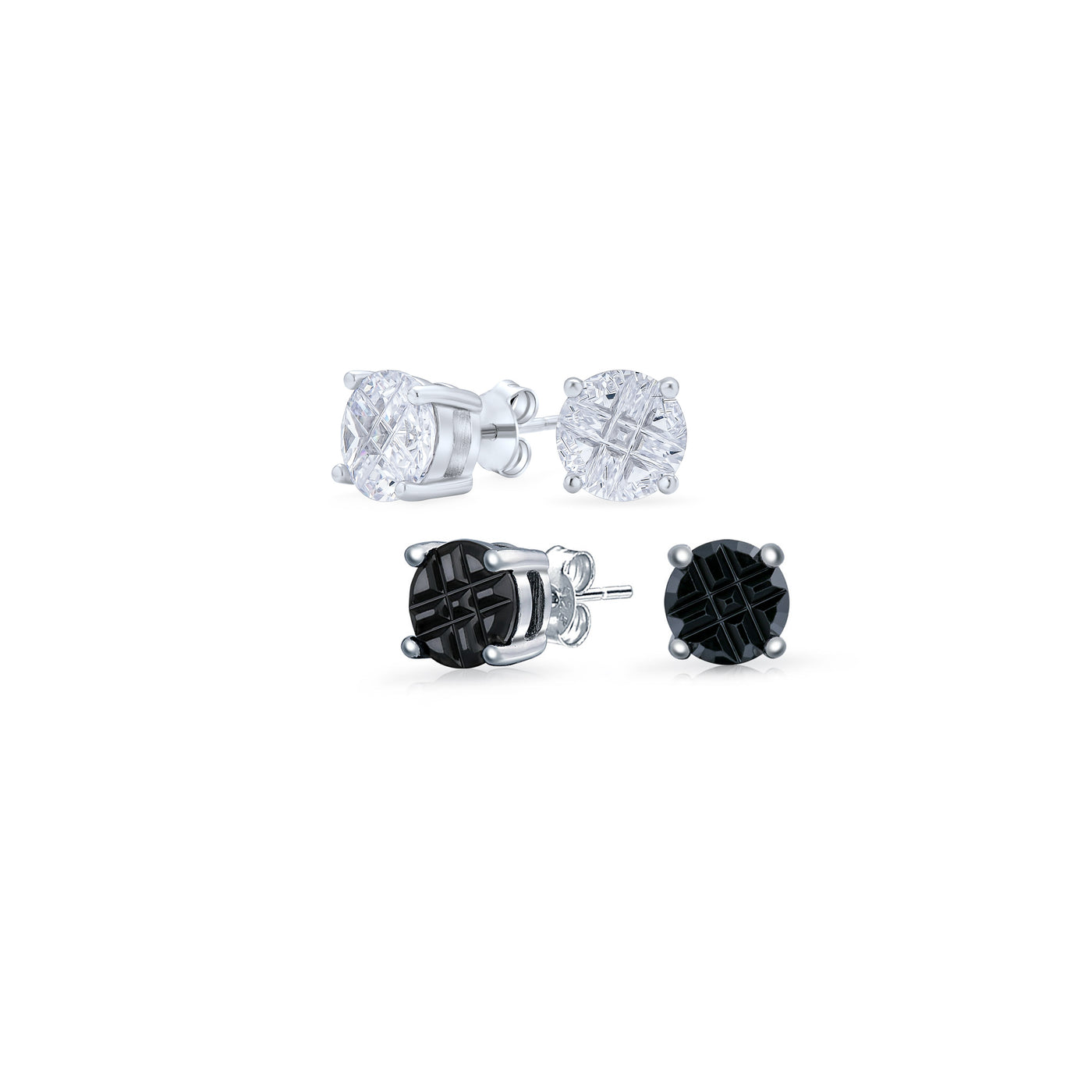 Set of 2 Round Black Clear Cubic Zirconia Invincible Cut Stud Earrings Silver