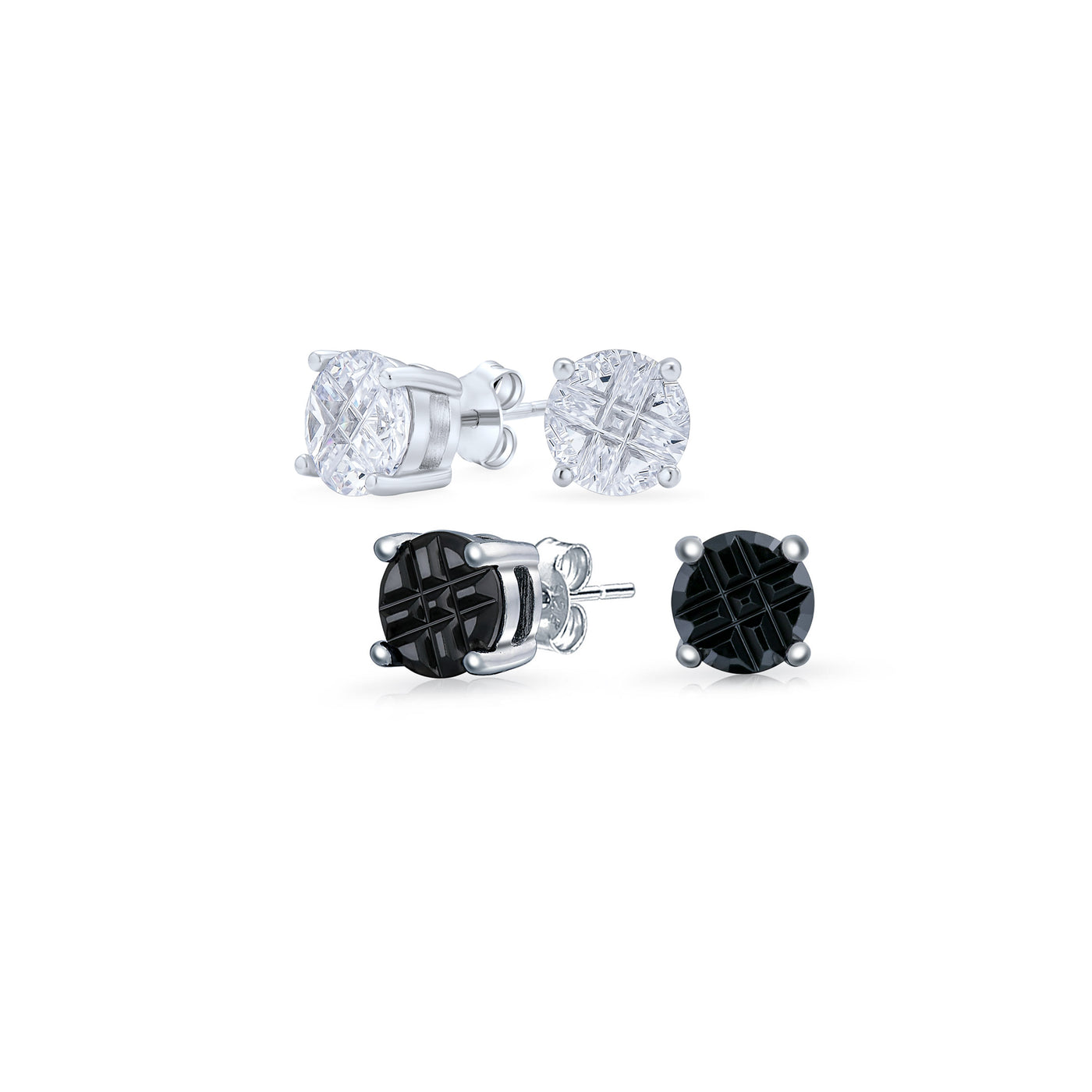 Set of 2 Round Black Clear Cubic Zirconia Invincible Cut Stud Earrings Silver