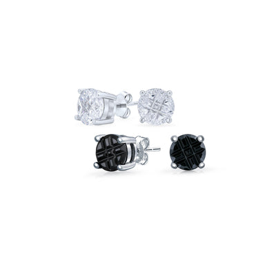 Set of 2 Round Black Clear Cubic Zirconia Invincible Cut Stud Earrings Silver