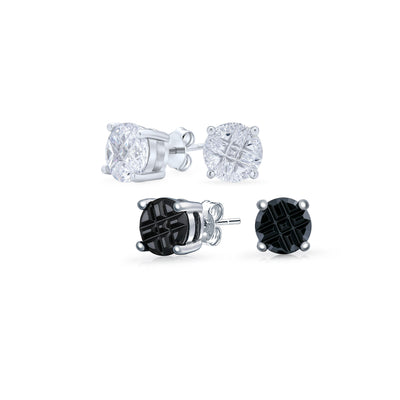 Set of 2 Round Black Clear Cubic Zirconia Invincible Cut Stud Earrings Silver