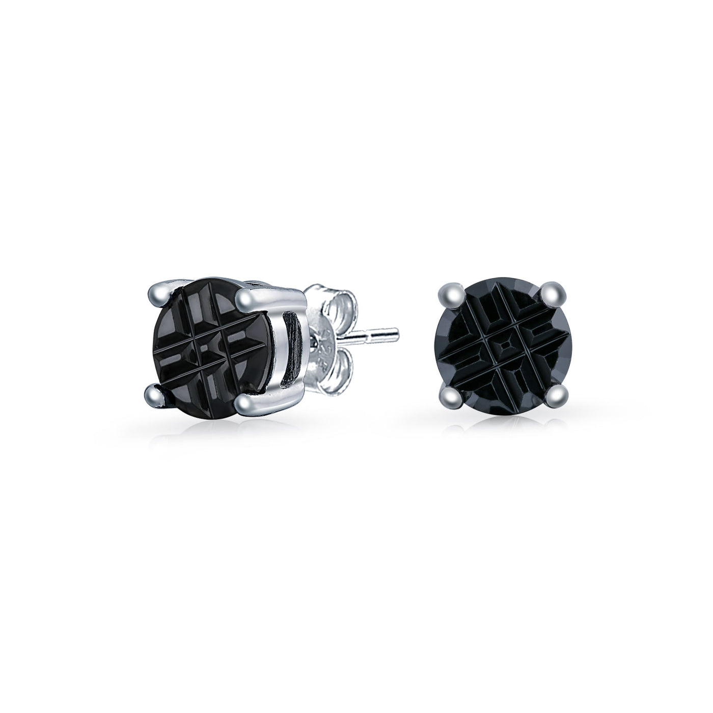 Set of 2 Round Black Clear Cubic Zirconia Invincible Cut Stud Earrings Silver