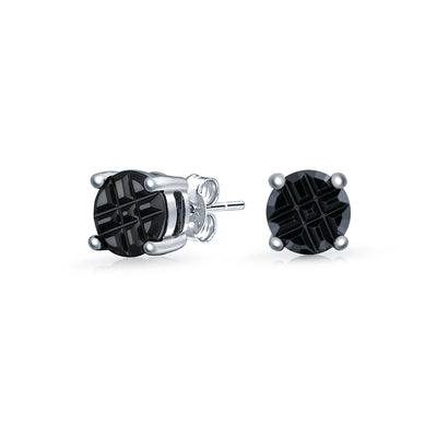 Set of 2 Round Black Clear Cubic Zirconia Invincible Cut Stud Earrings Silver