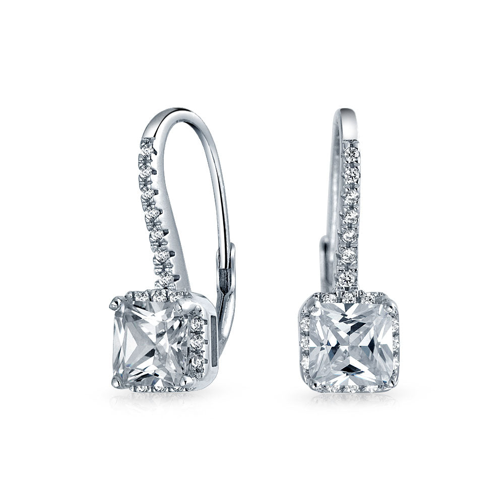 Solitaire Princess Square CZ Drop Earrings Sterling Silver