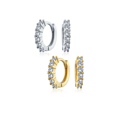 Set of 2 Solitaire CZ Round Hoop Earrings Silver Gold Plated Sterling Silver